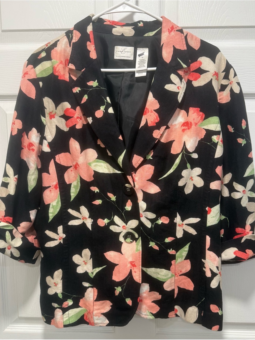 Emma James Summer Floral Linen Blend Blazer Jacket Black Peach Green Flowers 16